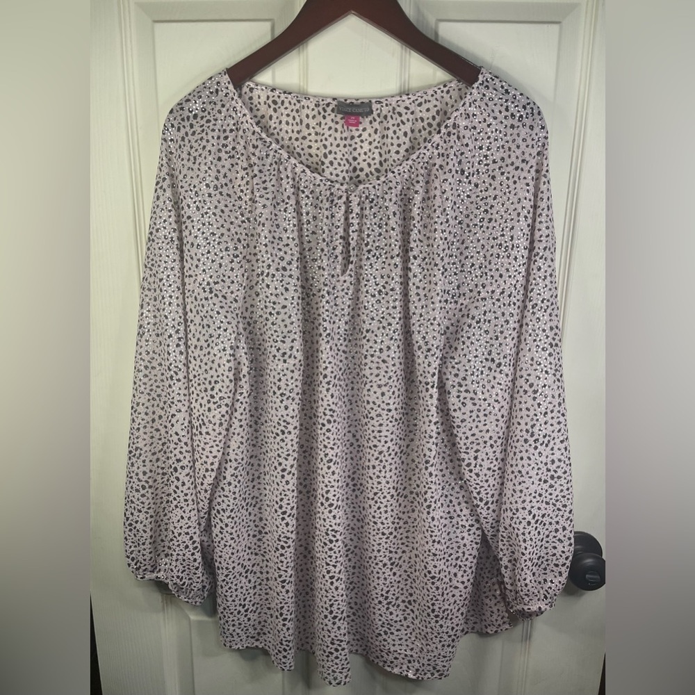 Vince Camuto long sleeve‎ sim sheer blouse with metallic spots.